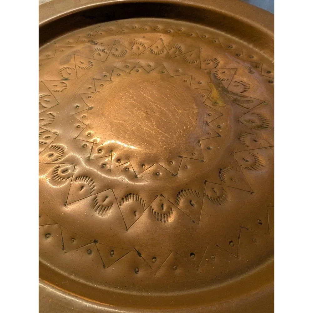 Vintage Hand Hammered Solid Copper Charger Geometric Design 12